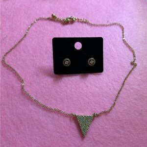 Gold Pave Triangle Necklace and Stud Earring Set